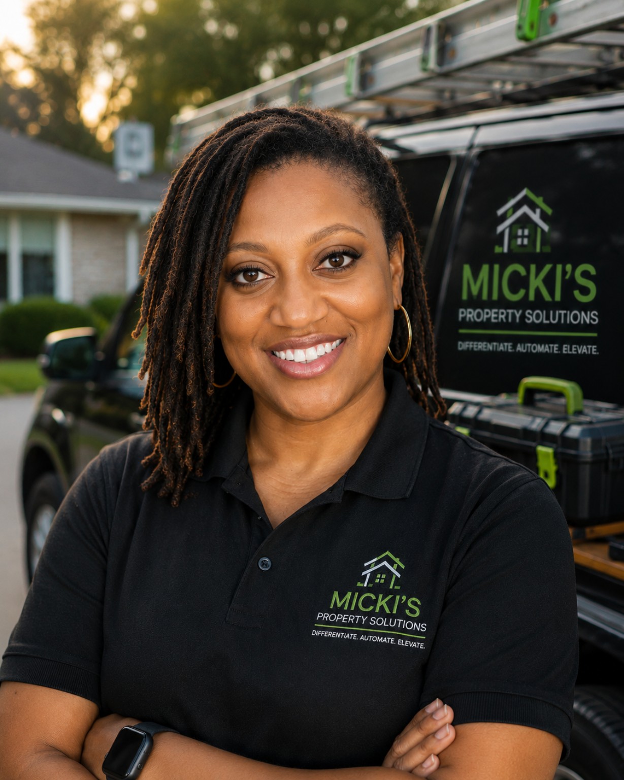 Micki, founder of Micki Can Fix It, smiling in a black work polo beside home-service tools and a ladder