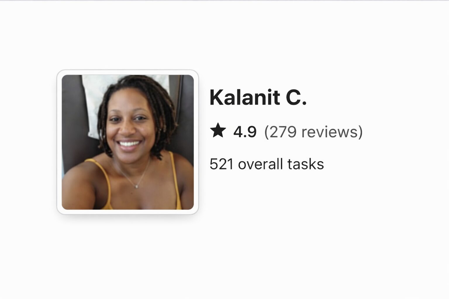 TaskRabbit profile summary showing Micki's 4.9 rating, 279 reviews and 521 completed tasks